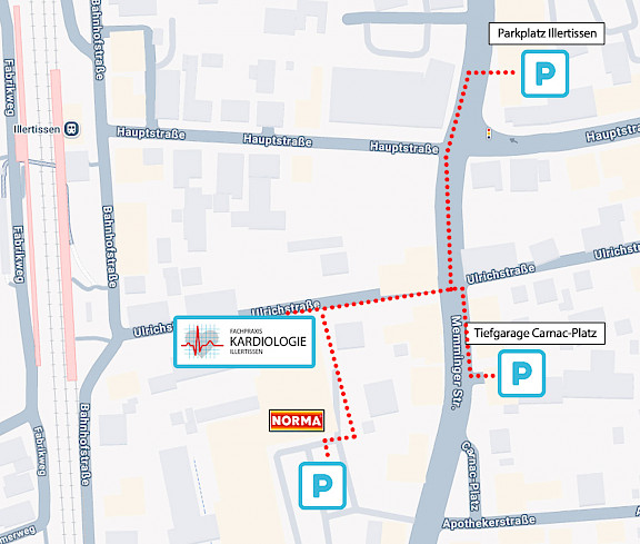 Karte von Illertissen mit eingezeichnetem Fußweg (rote gepunktete Linie) zu einer kardiologischen Fachpraxis in der Ulrichstraße. Startpunkte sind mehrere Parkmöglichkeiten, darunter „Parkplatz Illertissen“ an der Hauptstraße sowie die „Tiefgarage Carnac-Platz“ an der Memminger Straße. Der Weg führt über die Memminger Straße und Ulrichstraße zur Praxis „Fachpraxis Kardiologie Illertissen“. In der Nähe befinden sich außerdem ein NORMA-Supermarkt sowie der Bahnhof Illertissen westlich der Karte.